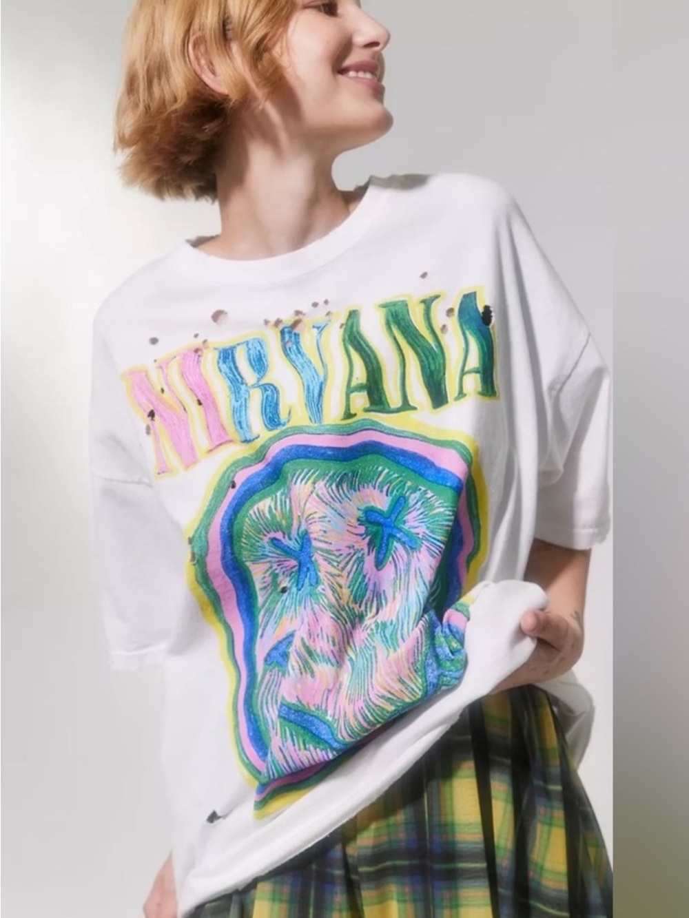 Urban Outfitters NIRVANA White Tee with Pastel Rainbow Graphic
